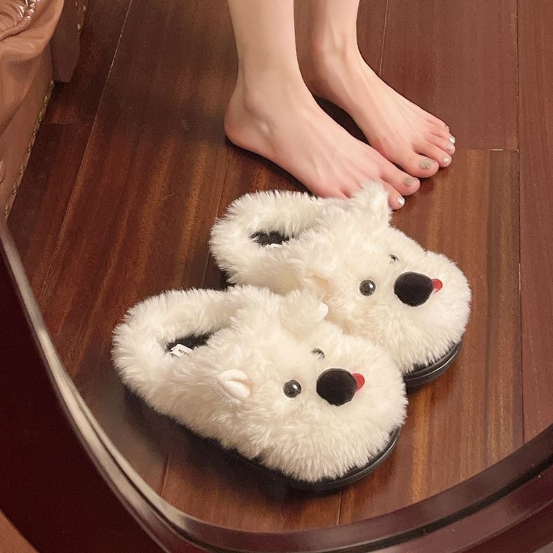 Naiste sussid koerukese motiiviga, veluurist pealises, ümmarguse otsaga, lame kand, EVA talla, kunstliku karusnahaga vooder