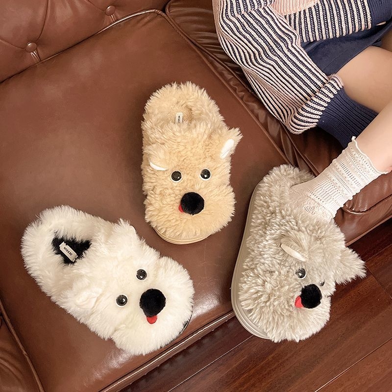 Naiste sussid koerukese motiiviga, veluurist pealises, ümmarguse otsaga, lame kand, EVA talla, kunstliku karusnahaga vooder