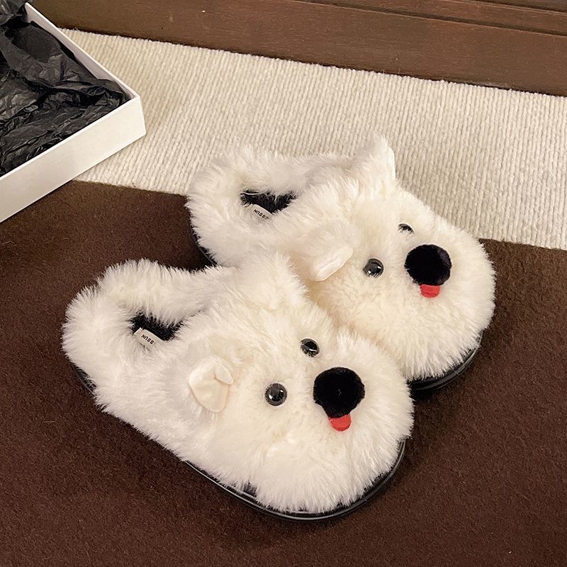 Naiste sussid koerukese motiiviga, veluurist pealises, ümmarguse otsaga, lame kand, EVA talla, kunstliku karusnahaga vooder