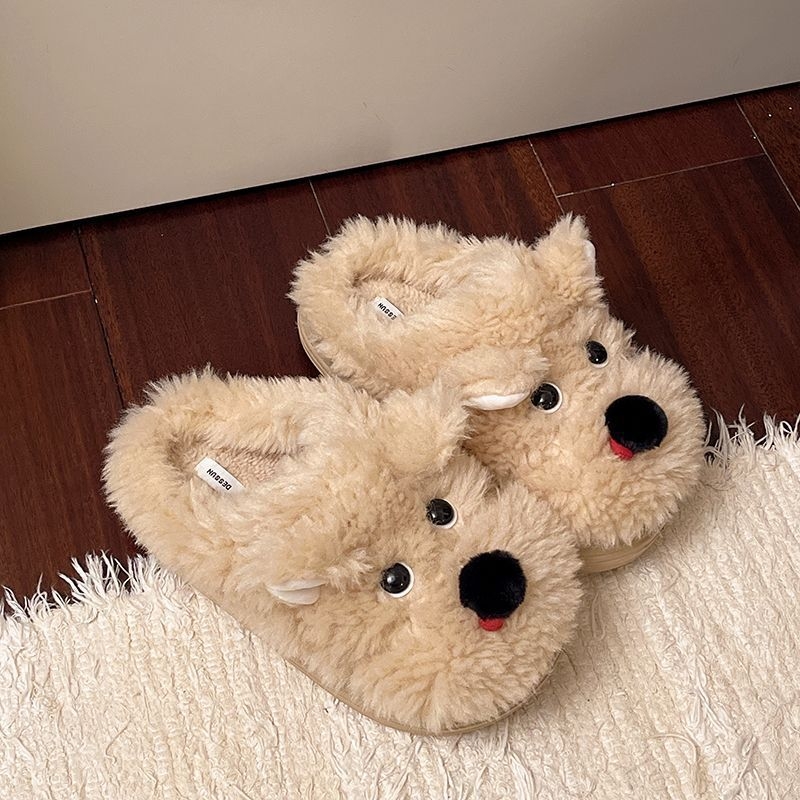 Naiste sussid koerukese motiiviga, veluurist pealises, ümmarguse otsaga, lame kand, EVA talla, kunstliku karusnahaga vooder