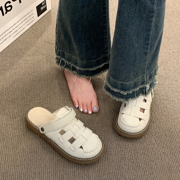 Baotou naiste sandid, paksu tallaga, slip-on stiilis, randade Rooma stiil, PU ülemine, kummist tall, lame kanna, suvi 2023