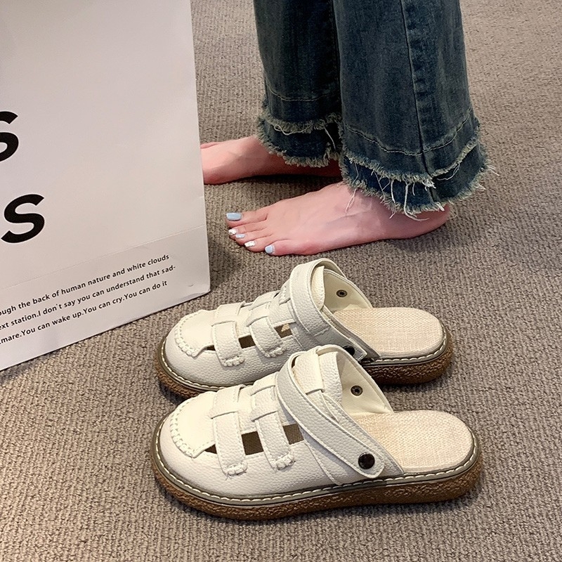 Baotou naiste sandid, paksu tallaga, slip-on stiilis, randade Rooma stiil, PU ülemine, kummist tall, lame kanna, suvi 2023