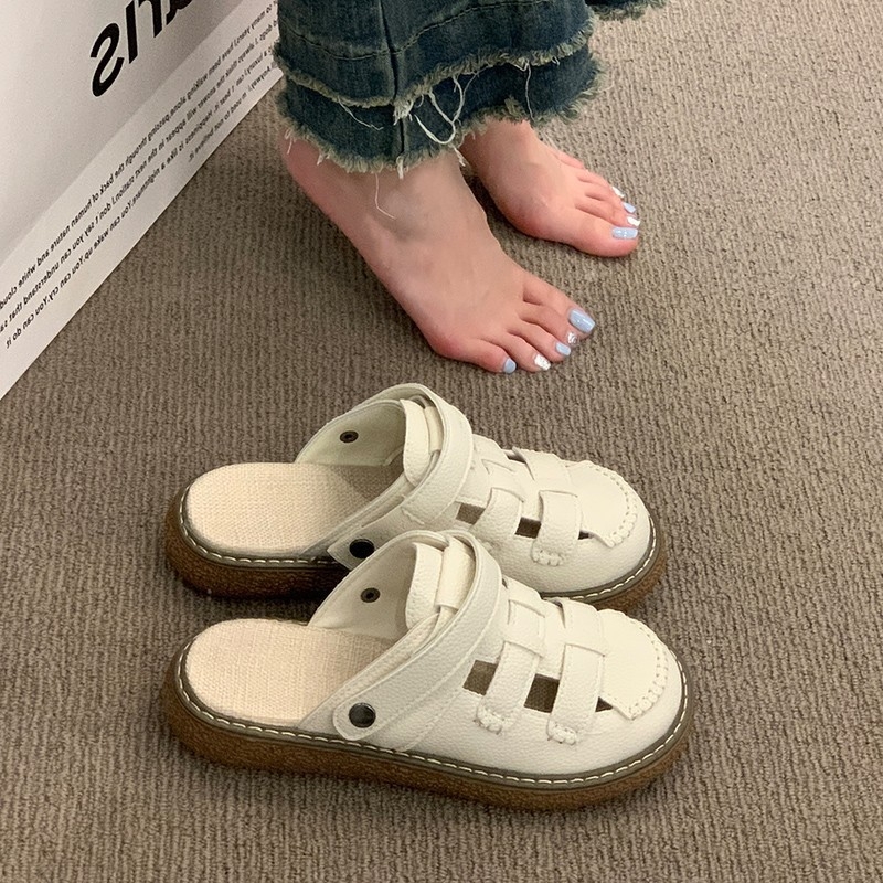 Baotou naiste sandid, paksu tallaga, slip-on stiilis, randade Rooma stiil, PU ülemine, kummist tall, lame kanna, suvi 2023