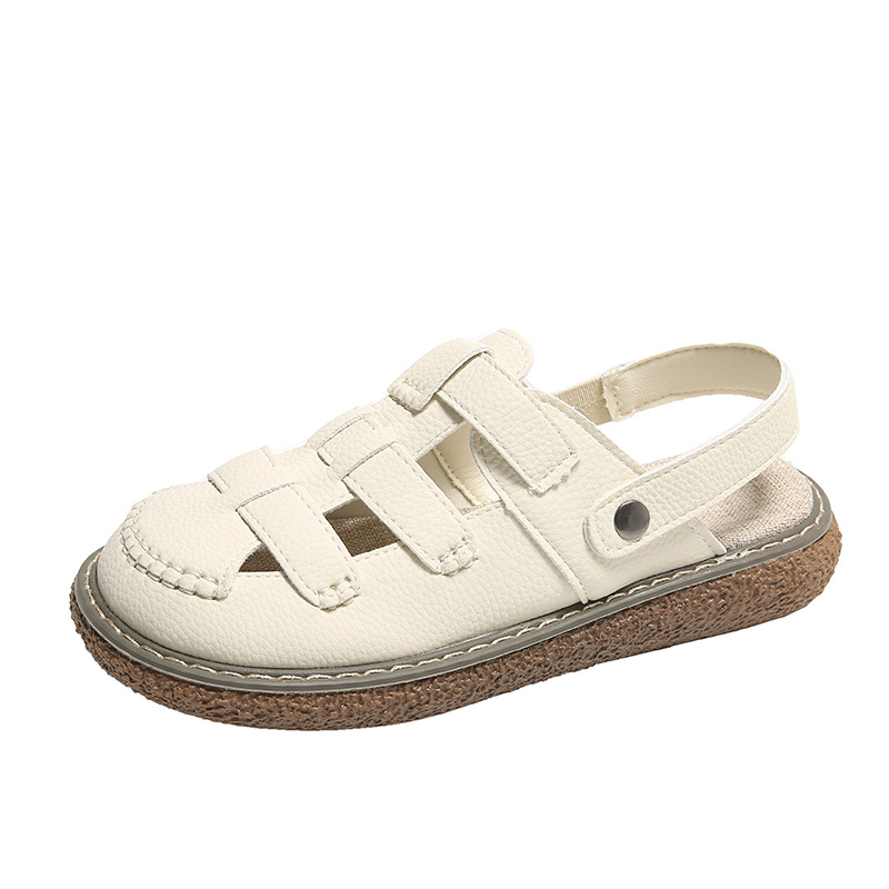 Baotou naiste sandid, paksu tallaga, slip-on stiilis, randade Rooma stiil, PU ülemine, kummist tall, lame kanna, suvi 2023