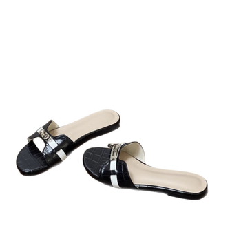 Sieviešu PU slid sandales ar mazu zelta sprādzi — Ikdienas vasaras sandales, PU augšdaļa, PU iekšējā puse, gumijas zole, plakana zole, zoles biezums 0–3 cm