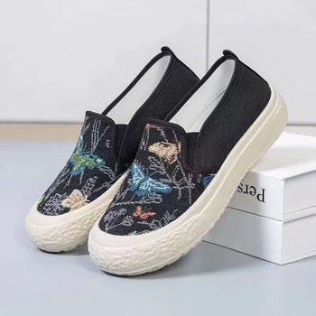 Ženske cipele tipa ribarske — platneni gornji dio, cvjetni uzorak, slip-on, niski plosnati potplat, PVC đon