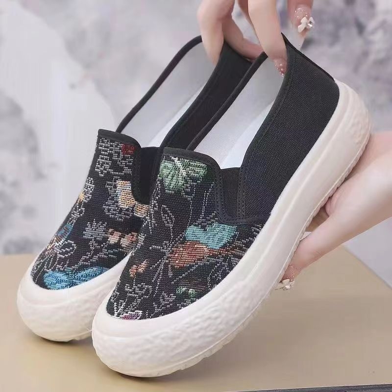 Ženske cipele tipa ribarske — platneni gornji dio, cvjetni uzorak, slip-on, niski plosnati potplat, PVC đon