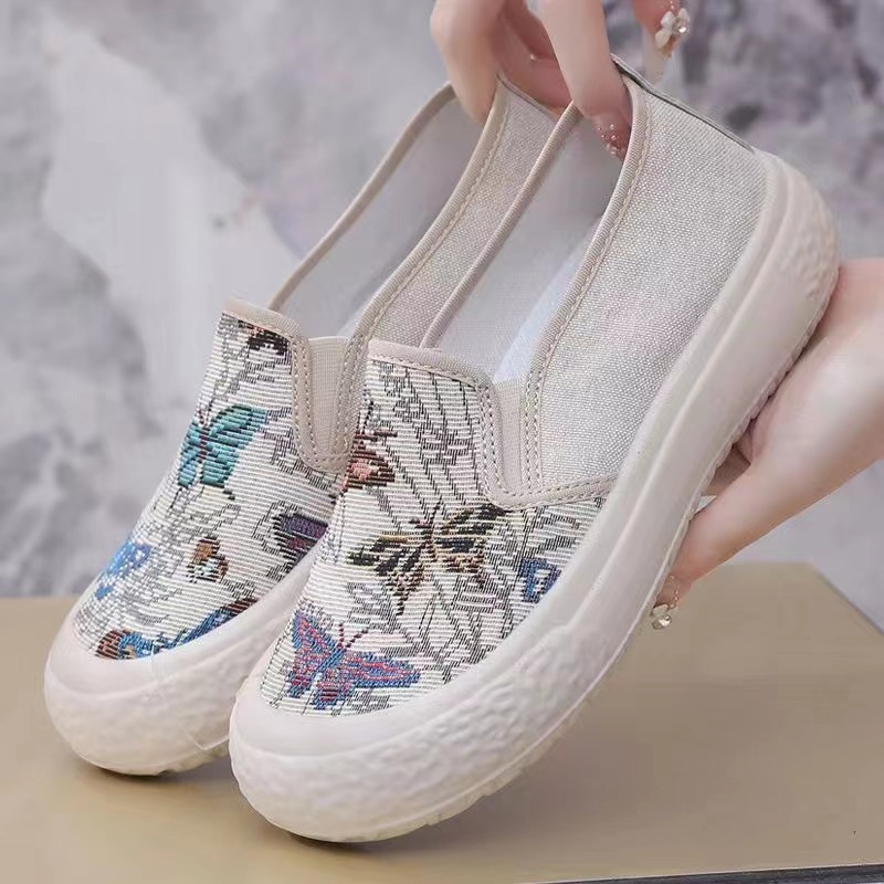 Ženske cipele tipa ribarske — platneni gornji dio, cvjetni uzorak, slip-on, niski plosnati potplat, PVC đon