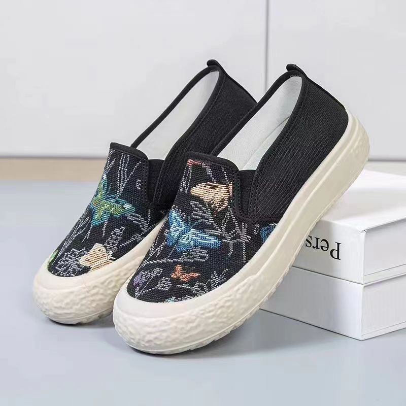 Ženske cipele tipa ribarske — platneni gornji dio, cvjetni uzorak, slip-on, niski plosnati potplat, PVC đon