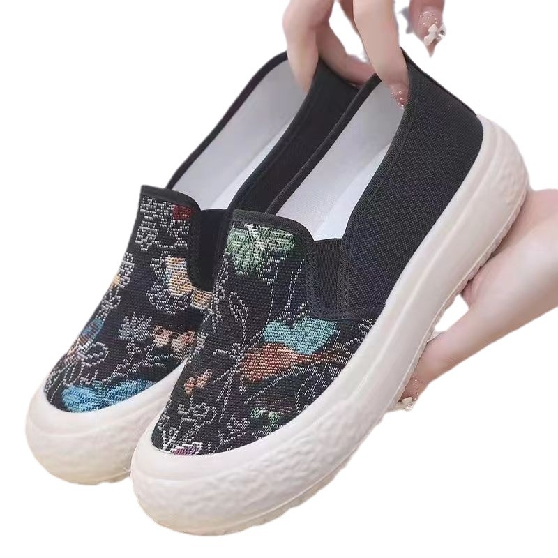 Ženske cipele tipa ribarske — platneni gornji dio, cvjetni uzorak, slip-on, niski plosnati potplat, PVC đon