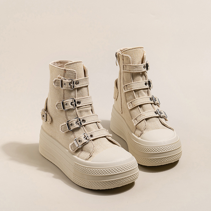 Ženske platnene čizme s debelom podnom za povećanje visine, kopča s kopčom, srednje visoke, vulkanizirana gumena potplata, proljetni casual stil