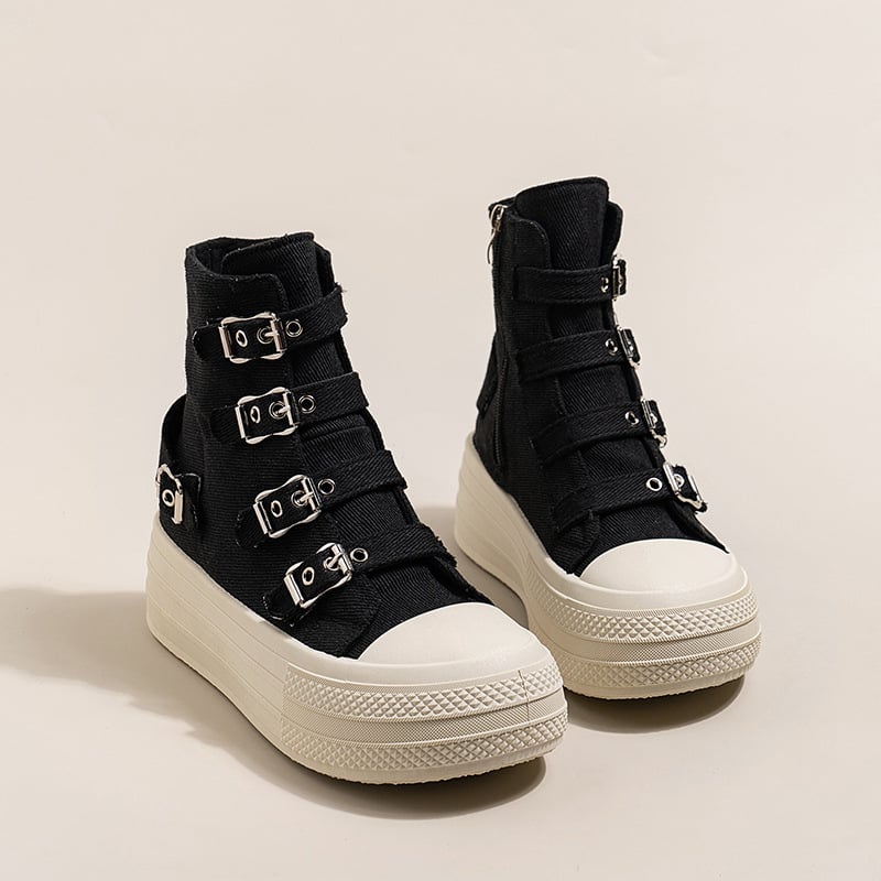 Ženske platnene čizme s debelom podnom za povećanje visine, kopča s kopčom, srednje visoke, vulkanizirana gumena potplata, proljetni casual stil