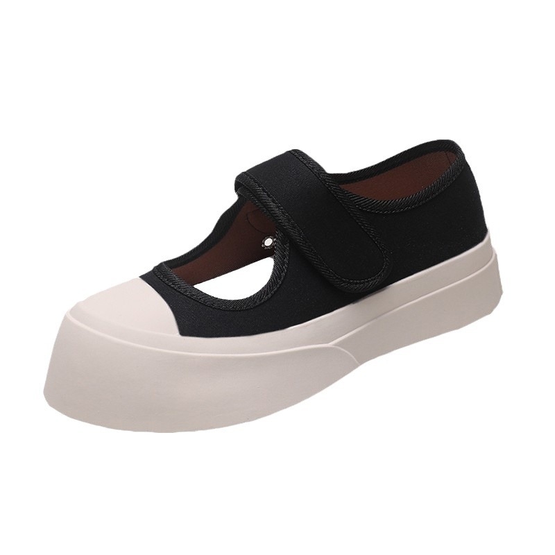 Ženske platnene Mary Jane cipele, okrugli vrh, zatvaranje na Velcro, srednje visine potpetice 3-5 cm, gumeni potplat