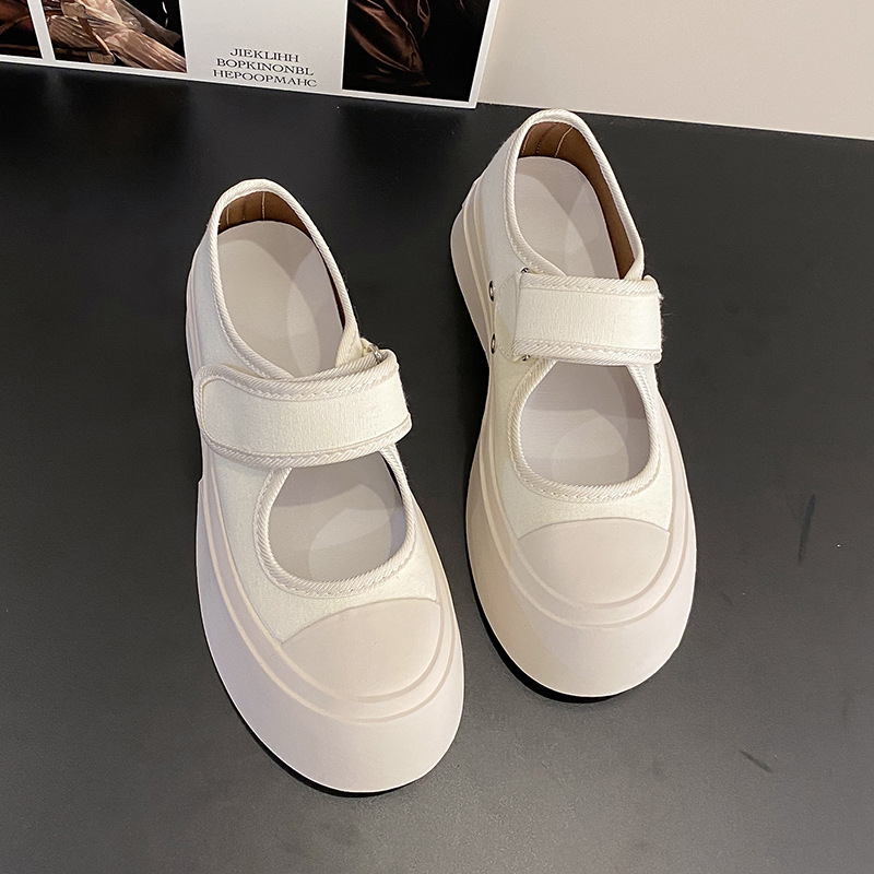 Ženske platnene Mary Jane cipele, okrugli vrh, zatvaranje na Velcro, srednje visine potpetice 3-5 cm, gumeni potplat