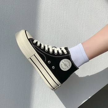 Pantofi sport din pânză pentru femei, stil coreean, înalte, șireturi, talpă din cauciuc (material: pânză; talpă: cauciuc; înălțime: înalt; închidere: șireturi; stil: coreean)