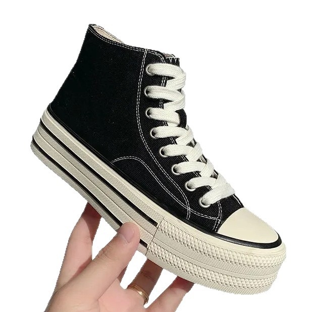 Pantofi sport din pânză pentru femei, stil coreean, înalte, șireturi, talpă din cauciuc (material: pânză; talpă: cauciuc; înălțime: înalt; închidere: șireturi; stil: coreean)