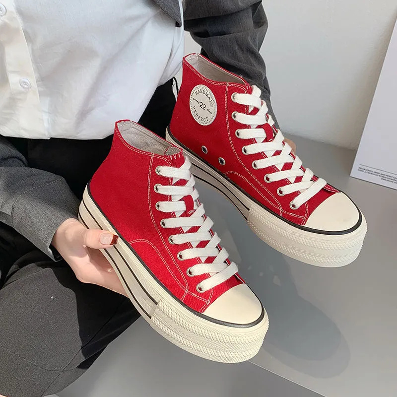 Pantofi sport din pânză pentru femei, stil coreean, înalte, șireturi, talpă din cauciuc (material: pânză; talpă: cauciuc; înălțime: înalt; închidere: șireturi; stil: coreean)