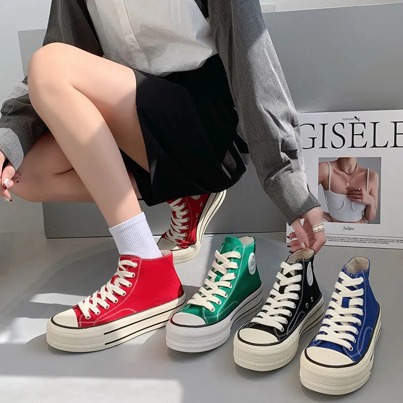 Pantofi sport din pânză pentru femei, stil coreean, înalte, șireturi, talpă din cauciuc (material: pânză; talpă: cauciuc; înălțime: înalt; închidere: șireturi; stil: coreean)