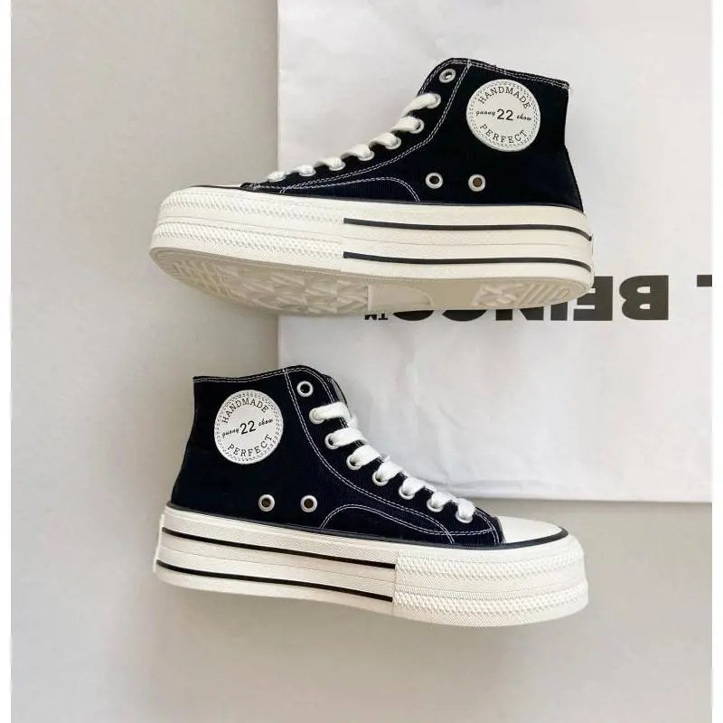 Pantofi sport din pânză pentru femei, stil coreean, înalte, șireturi, talpă din cauciuc (material: pânză; talpă: cauciuc; înălțime: înalt; închidere: șireturi; stil: coreean)