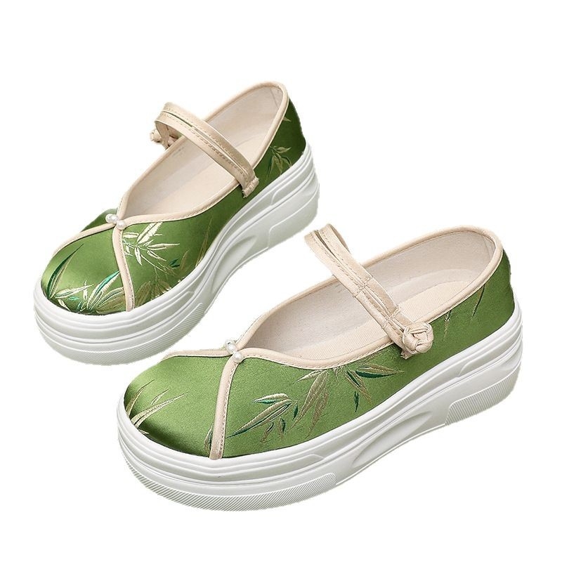Hanfu platform cipela s izšivanjem, uparena s Mamian suknjom, okrugli vrh, platneni gornji dio, niski vrh, platforma 6–8 cm, gumena podplat