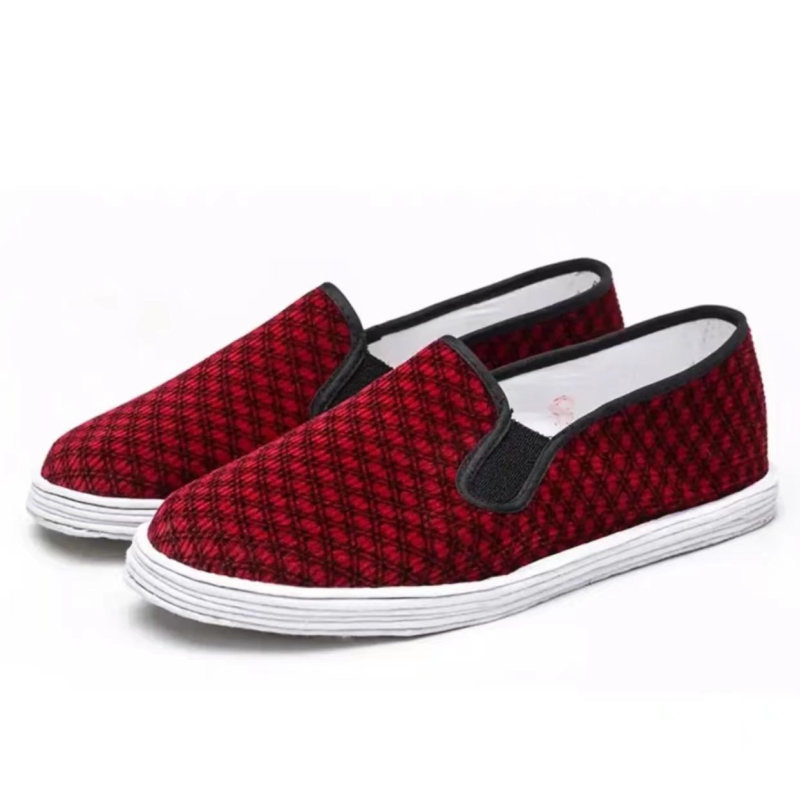 Kézzel készített női vászoncipő, pamut felsőrész, többszörös rétegű talp, négyszögletes orr, lapos sarok