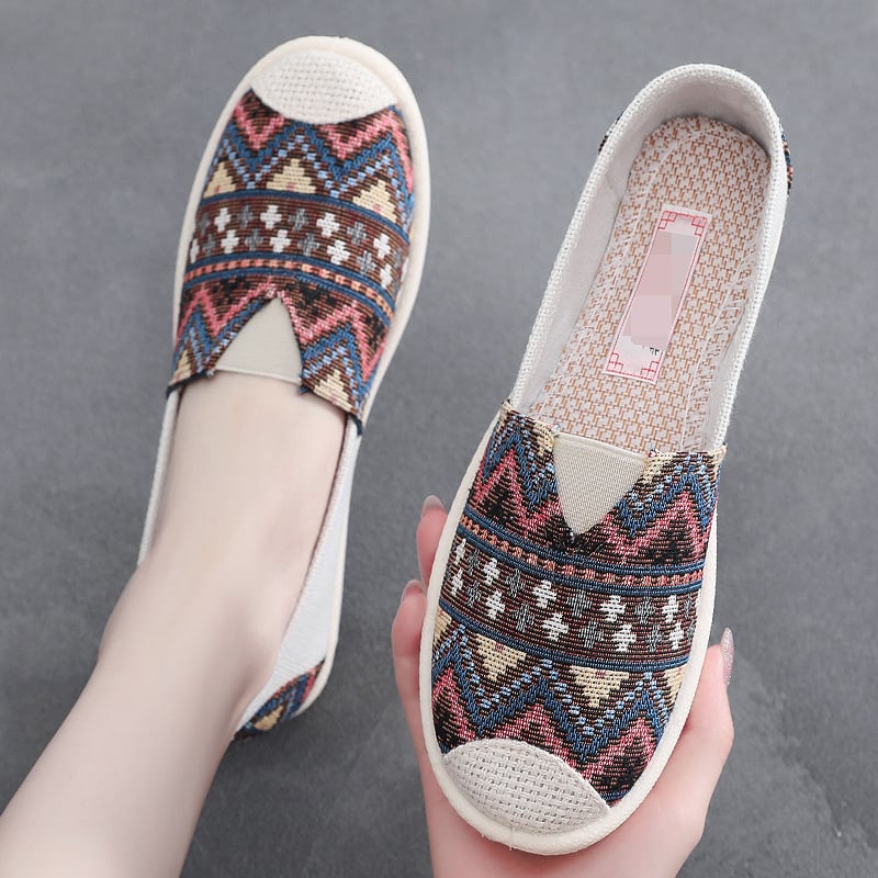 Ženske platnene tenisice u etno stilu s prugama, dišuće i lagane, slip-on, gornji dio od platna, PU potplat