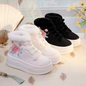 Hanfu inspirirane zimske pletene ženske čizme s cvjetnim vezom, gornji dio od pamuka, PVC potplat, klinasti pet 6–8 cm, kopča s jednim remenom