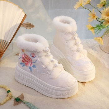 Hanfu inspirirane zimske pletene ženske čizme s cvjetnim vezom, gornji dio od pamuka, PVC potplat, klinasti pet 6–8 cm, kopča s jednim remenom