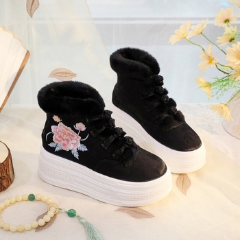 Hanfu inspirirane zimske pletene ženske čizme s cvjetnim vezom, gornji dio od pamuka, PVC potplat, klinasti pet 6–8 cm, kopča s jednim remenom