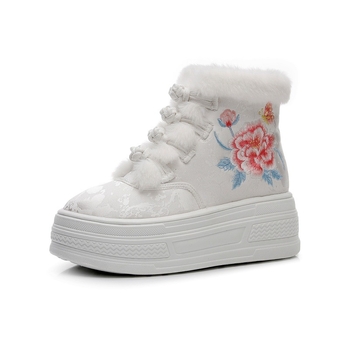 Hanfu inspirirane zimske pletene ženske čizme s cvjetnim vezom, gornji dio od pamuka, PVC potplat, klinasti pet 6–8 cm, kopča s jednim remenom