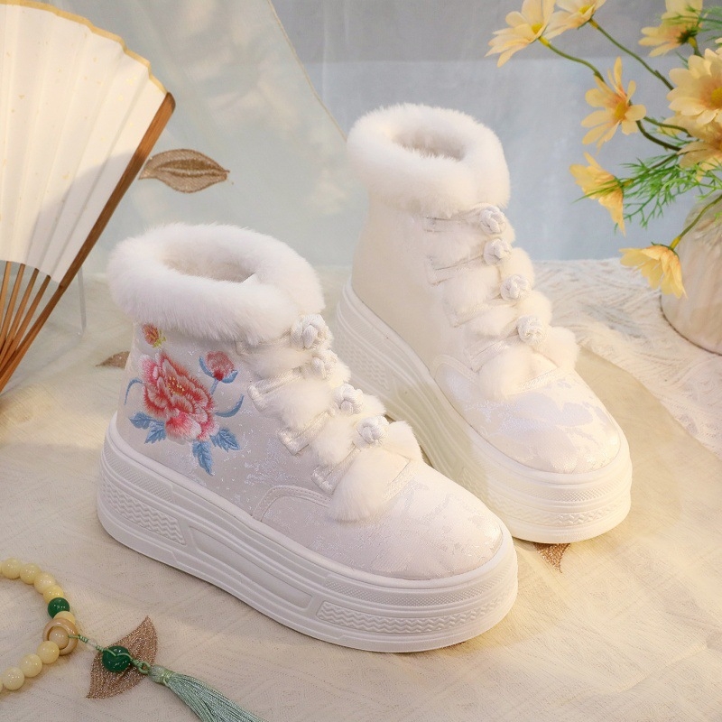 Hanfu inspirirane zimske pletene ženske čizme s cvjetnim vezom, gornji dio od pamuka, PVC potplat, klinasti pet 6–8 cm, kopča s jednim remenom