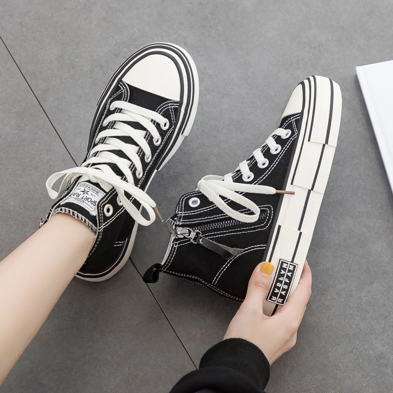 Női koreai stílusú vászon magas talpú sneaker oldal cipzárral, vulkanizált vastag gumitalppal, csúszásmentes, őszre