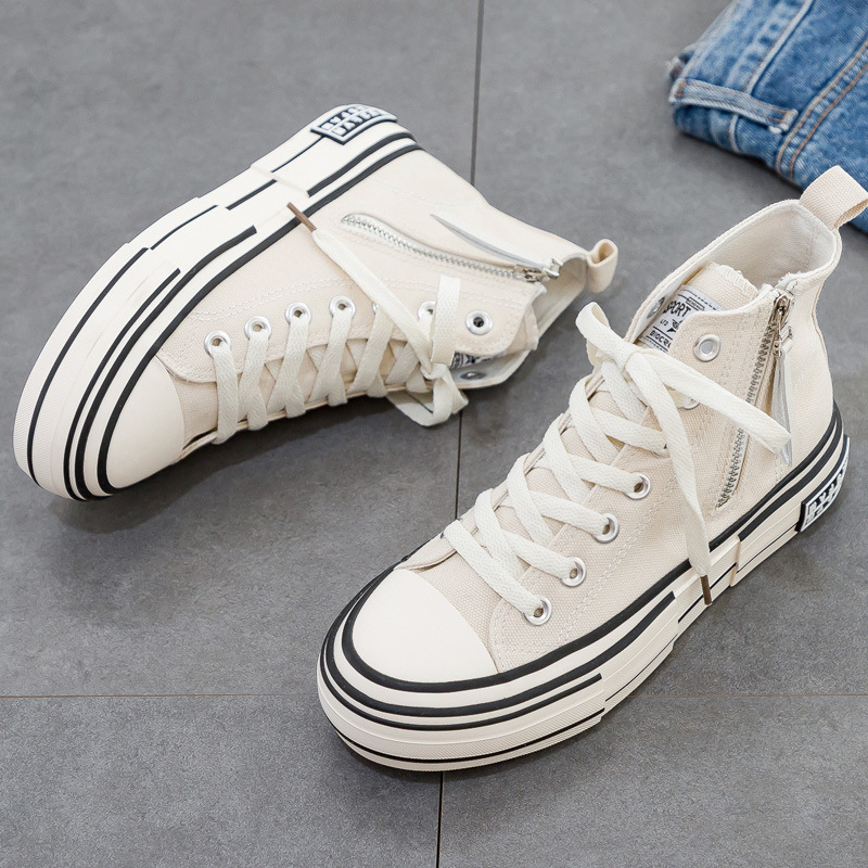 Női koreai stílusú vászon magas talpú sneaker oldal cipzárral, vulkanizált vastag gumitalppal, csúszásmentes, őszre