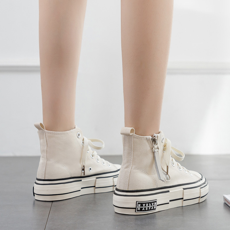Női koreai stílusú vászon magas talpú sneaker oldal cipzárral, vulkanizált vastag gumitalppal, csúszásmentes, őszre