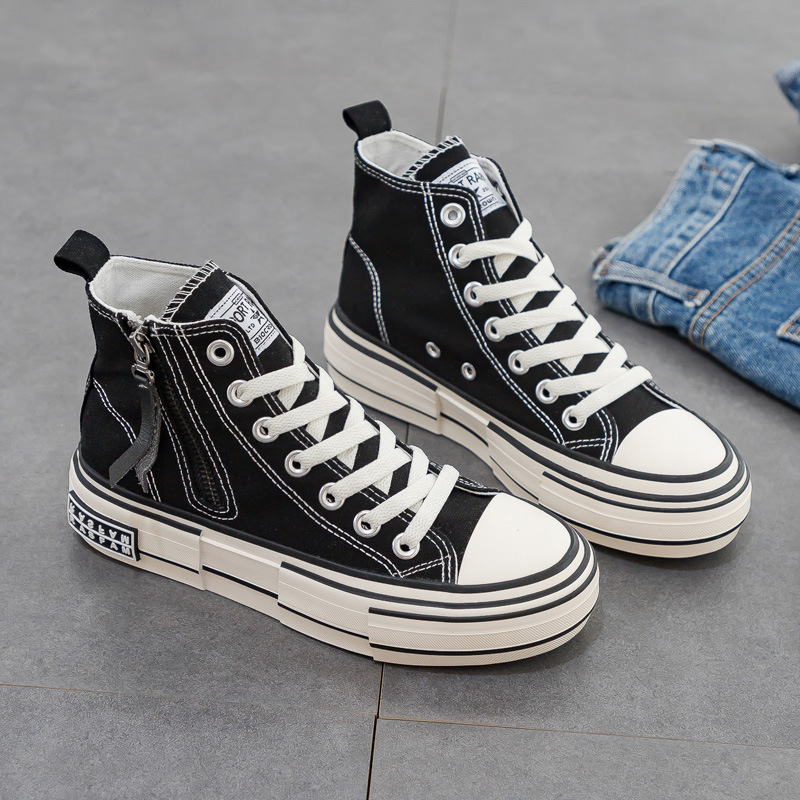 Női koreai stílusú vászon magas talpú sneaker oldal cipzárral, vulkanizált vastag gumitalppal, csúszásmentes, őszre