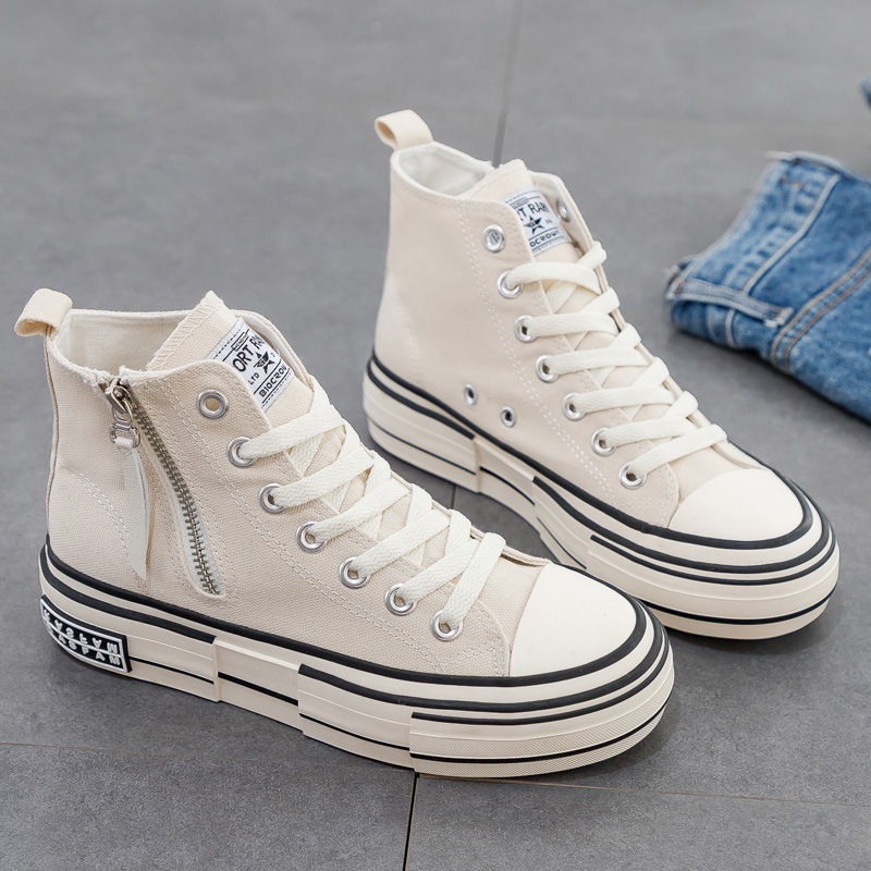 Női koreai stílusú vászon magas talpú sneaker oldal cipzárral, vulkanizált vastag gumitalppal, csúszásmentes, őszre