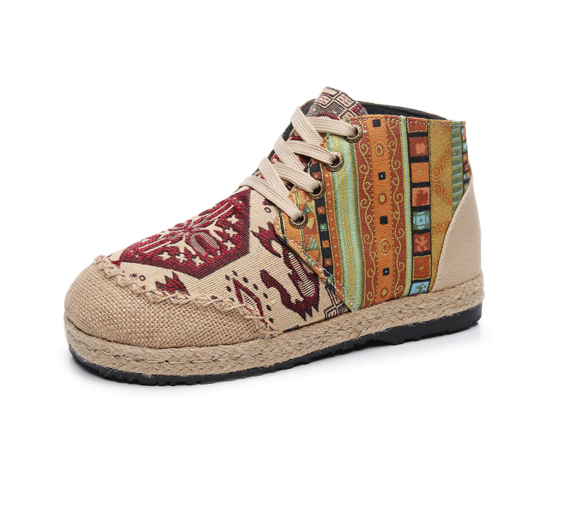 Unisex kézzel szőtt etno vászoncipő – előre kötős, kerek orr, alacsony lapos sarok, belső: len és pamut, talp: len