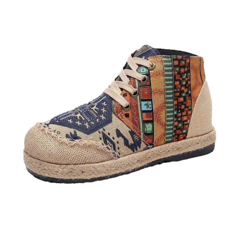 Unisex kézzel szőtt etno vászoncipő – előre kötős, kerek orr, alacsony lapos sarok, belső: len és pamut, talp: len