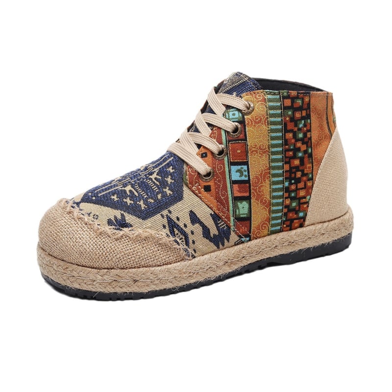 Unisex kézzel szőtt etno vászoncipő – előre kötős, kerek orr, alacsony lapos sarok, belső: len és pamut, talp: len