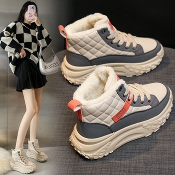 Női koreai stílusú téli cipő fleece-béléssel és vastag talppal, PU felsőrész, belső műszőrbélés, gumi talp, kerek orr, 3-5 cm sarokmagasság