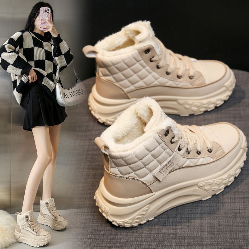 Női koreai stílusú téli cipő fleece-béléssel és vastag talppal, PU felsőrész, belső műszőrbélés, gumi talp, kerek orr, 3-5 cm sarokmagasság