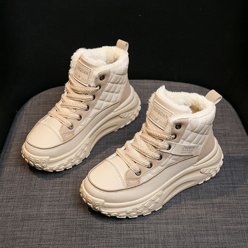 Női koreai stílusú téli cipő fleece-béléssel és vastag talppal, PU felsőrész, belső műszőrbélés, gumi talp, kerek orr, 3-5 cm sarokmagasság