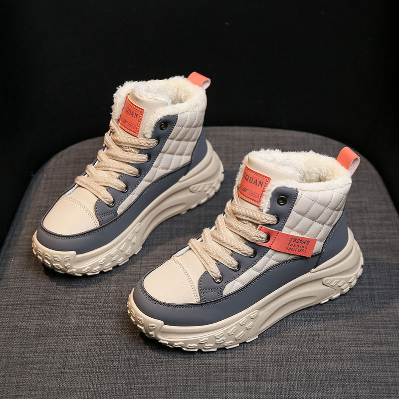 Női koreai stílusú téli cipő fleece-béléssel és vastag talppal, PU felsőrész, belső műszőrbélés, gumi talp, kerek orr, 3-5 cm sarokmagasság