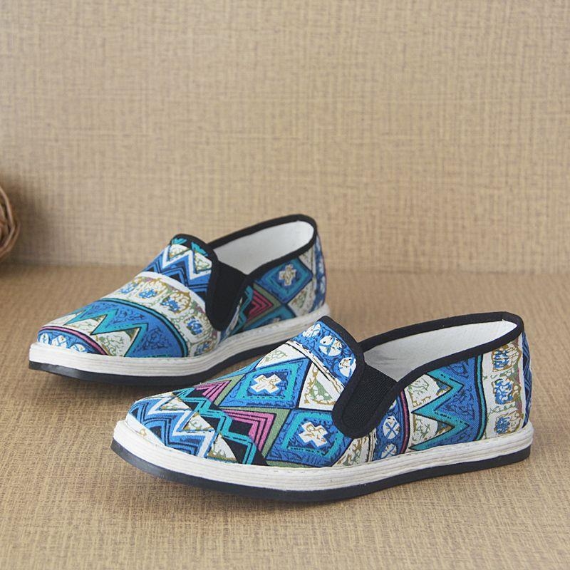 Férfi kézzel szövött textilcipő, vintage lapos talpú stílus, elasztikus záródás, hegyes orr, talp marha ín