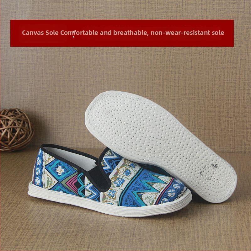 Férfi kézzel szövött textilcipő, vintage lapos talpú stílus, elasztikus záródás, hegyes orr, talp marha ín