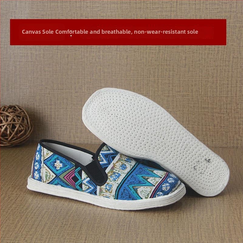 Férfi kézzel szövött textilcipő, vintage lapos talpú stílus, elasztikus záródás, hegyes orr, talp marha ín