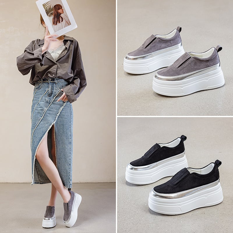 Női mindennapi slip-on cipő, kerek orrú; felsőrész: újrahasznosított bőr és báránybőr; platformos sarok 3–5 cm; PU belső és talp.