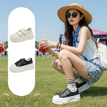 Mindennapi bőr sportcipő Velcro-zárással, kerek orr, vastag platformú talp, felsőrész: valódi bőr, PU bélés