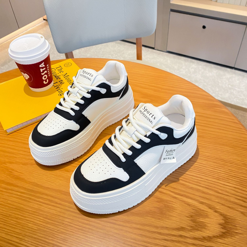 Női valódi bőrből készült sportcipő vastag talppal a magasság növelésére, lélegző, elöl fűzővel