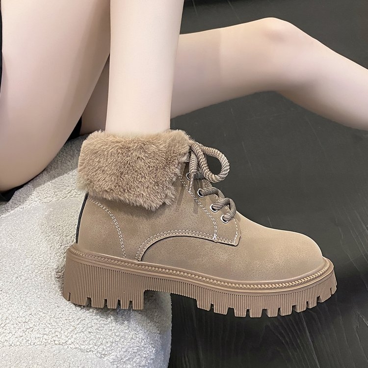 Ghete femei Martin, talpă groasă, căptușite cu fleece, PU partea superioară, talpă din cauciuc, șiret în față